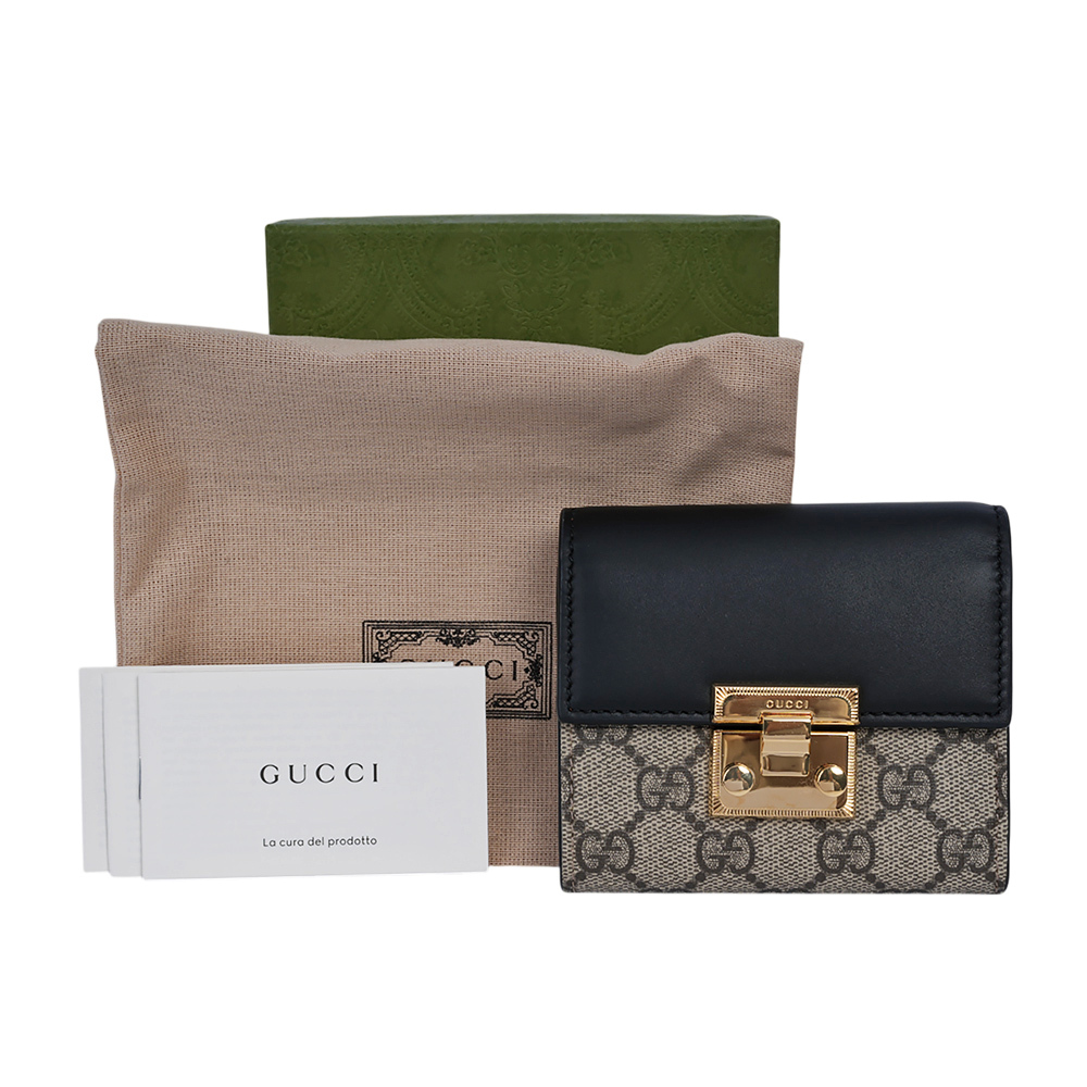 【GUCCI】Padlock 鎖釦設計塗層帆布及皮革三折短夾(米色/黑色)779799 KLQIG 8575
