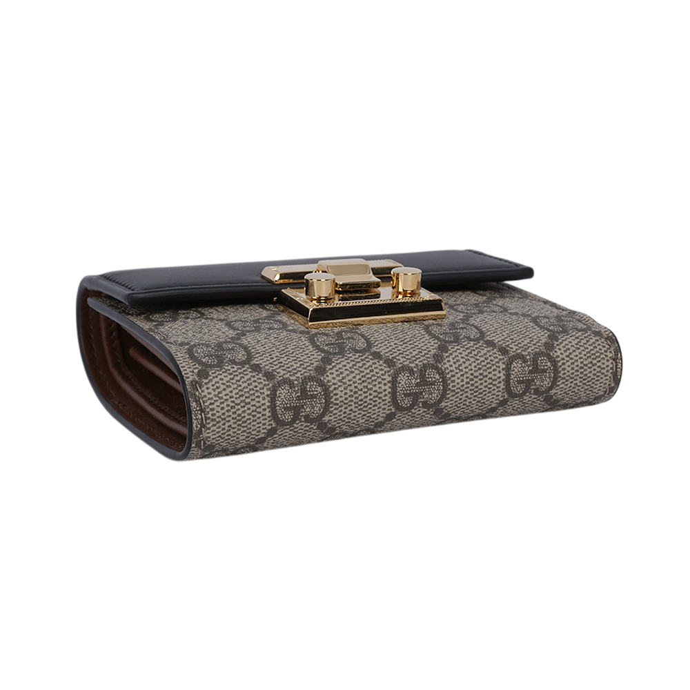 【GUCCI】Padlock 鎖釦設計塗層帆布及皮革三折短夾(米色/黑色)779799 KLQIG 8575