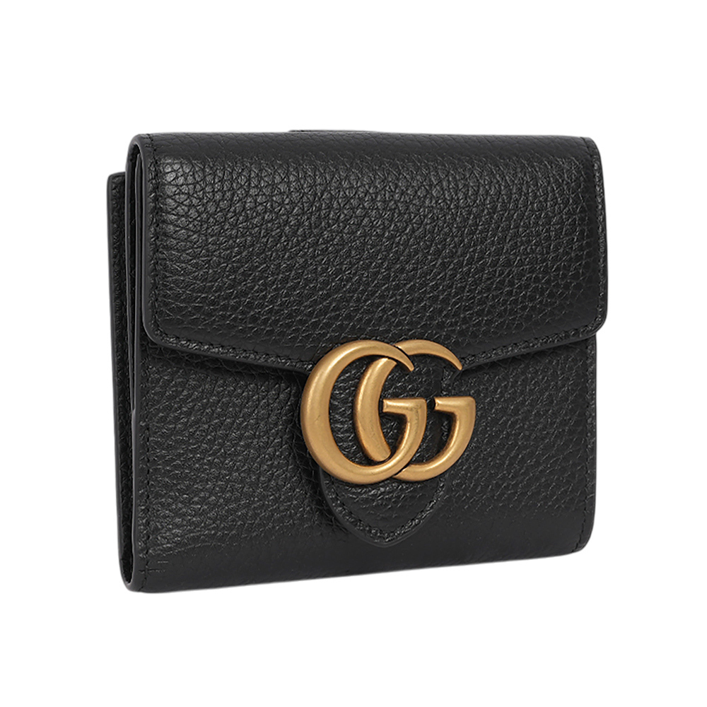 【GUCCI】Marmont 金色標誌粒紋皮革釦式二折短夾