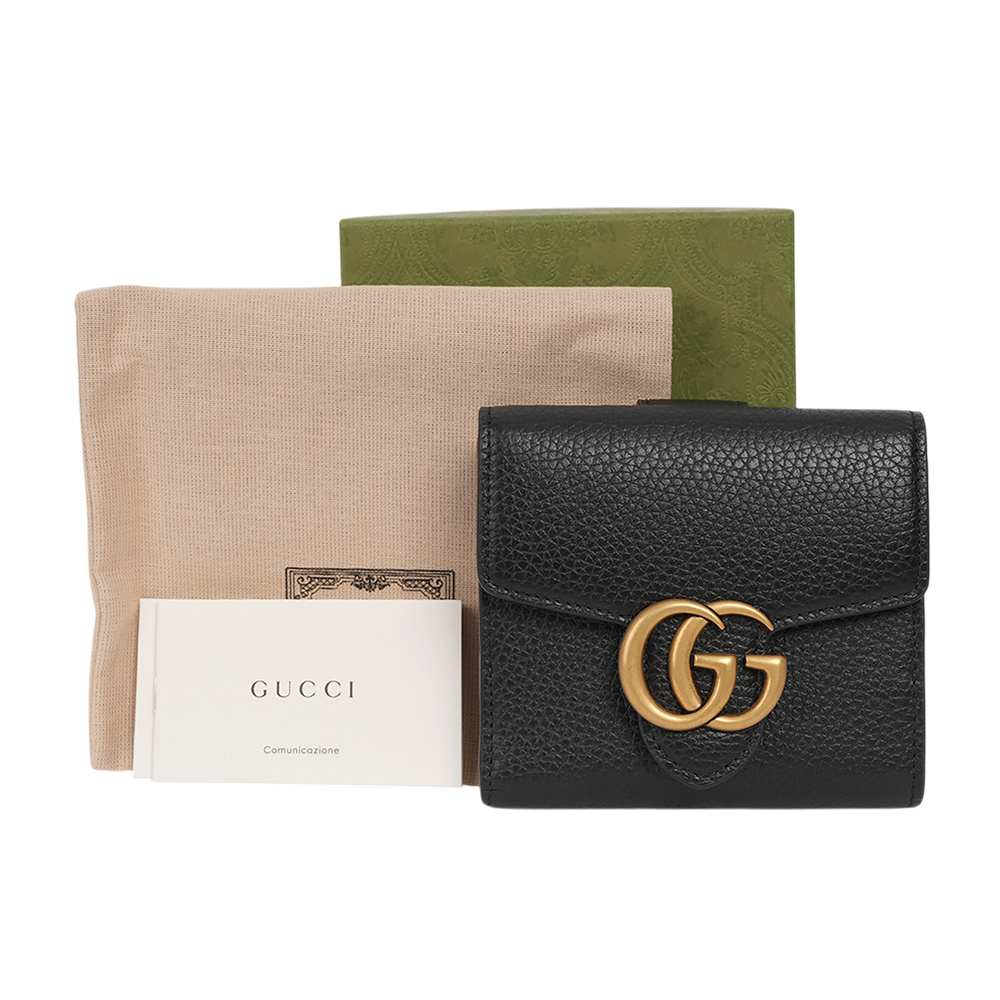 【GUCCI】Marmont 金色標誌粒紋皮革釦式二折短夾(黑色)782749 A7M0T 1000