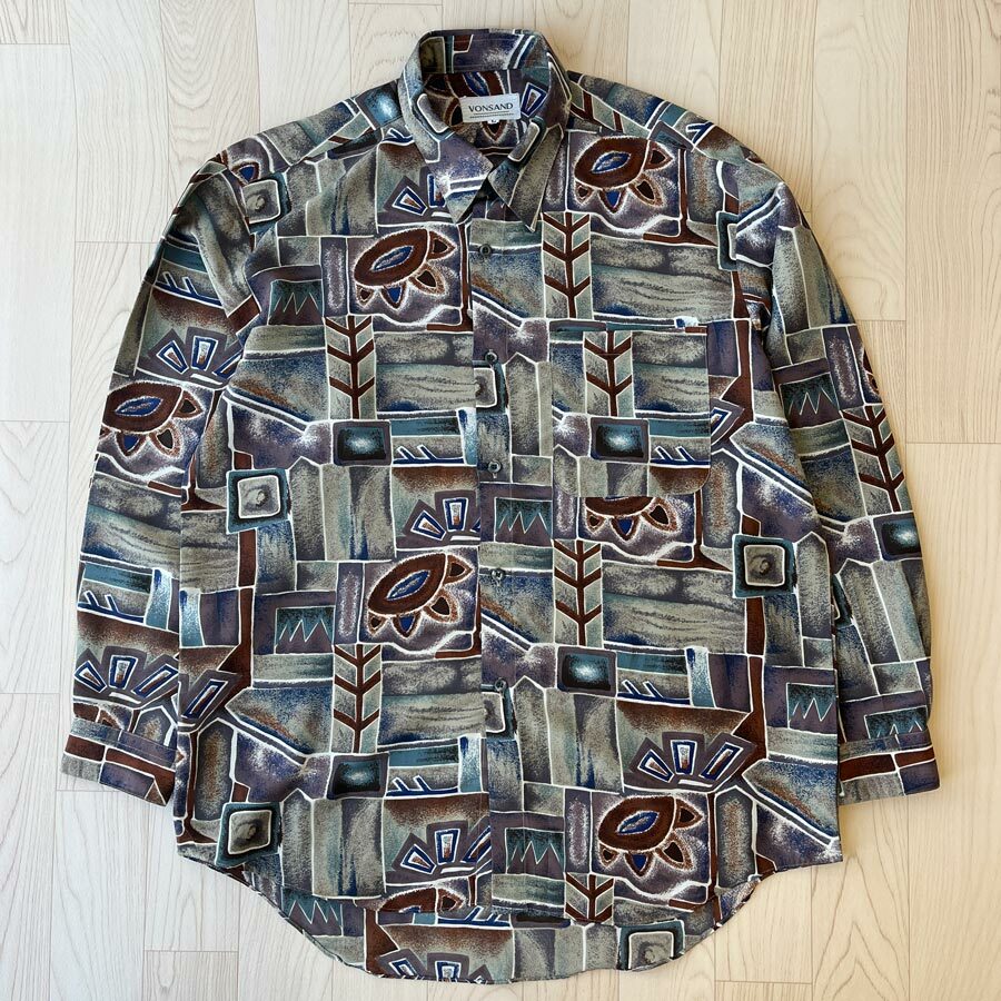 Vonsand日本製紫啡色葉紋長袖花恤