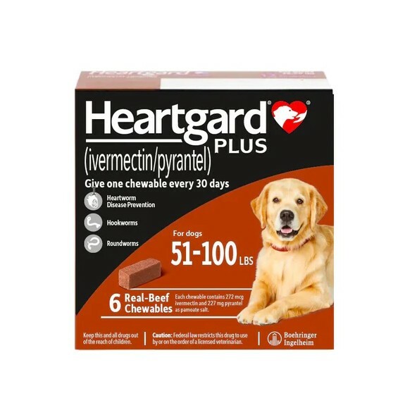 Heartgard Plus Ivermectin/Pyrantel 51-100lb - 6 Chewables