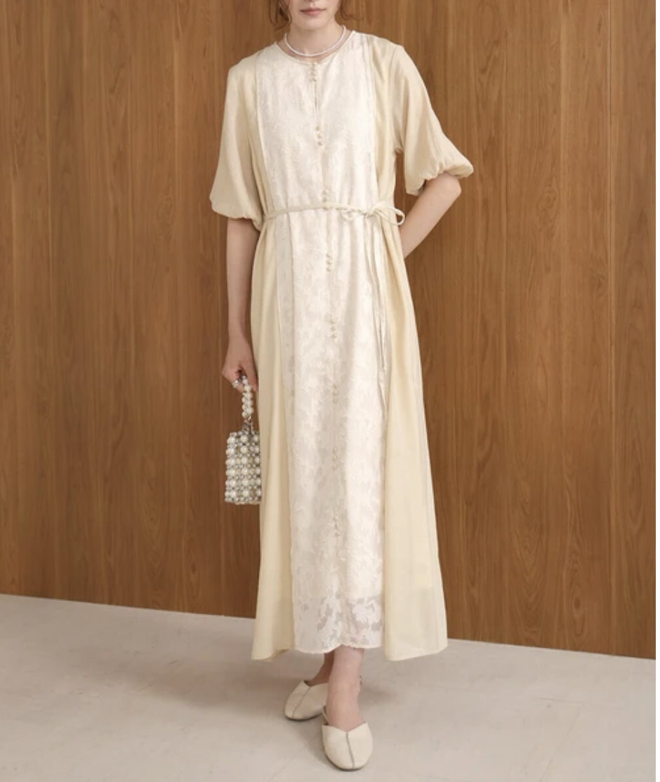 半袖提花雪紡蕾絲連身裙【日本直送】