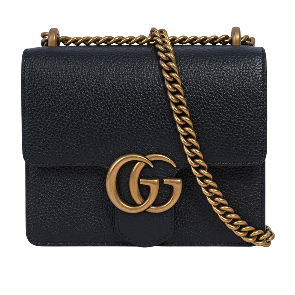 【GUCCI】Marmont 金色標誌粒紋皮革肩背/斜背二用鍊包