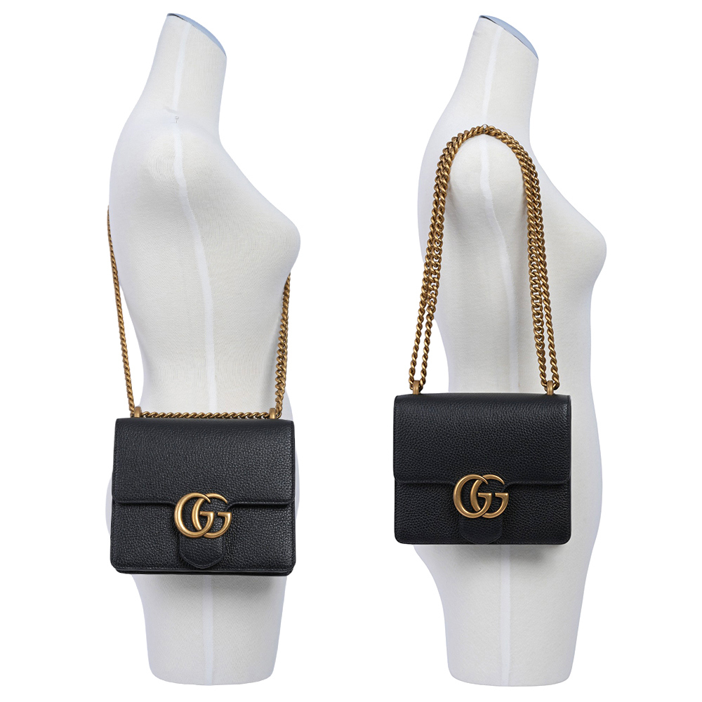 【GUCCI】Marmont 金色標誌粒紋皮革肩背/斜背二用鍊包(黑色)779790 A7M0T 1000