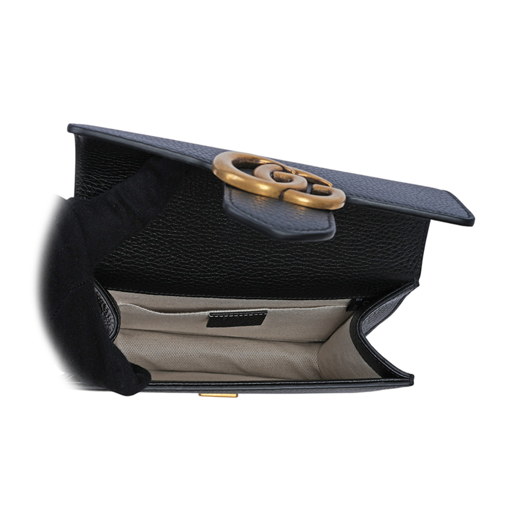 【GUCCI】Marmont 金色標誌粒紋皮革肩背/斜背二用鍊包(黑色)779790 A7M0T 1000