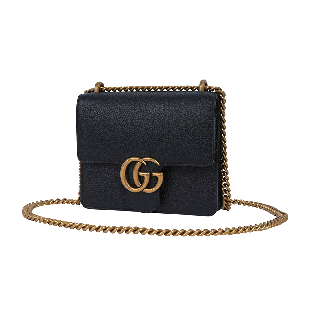【GUCCI】Marmont 金色標誌粒紋皮革肩背/斜背二用鍊包(黑色)779790 A7M0T 1000