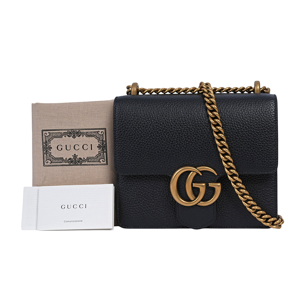【GUCCI】Marmont 金色標誌粒紋皮革肩背/斜背二用鍊包(黑色)779790 A7M0T 1000