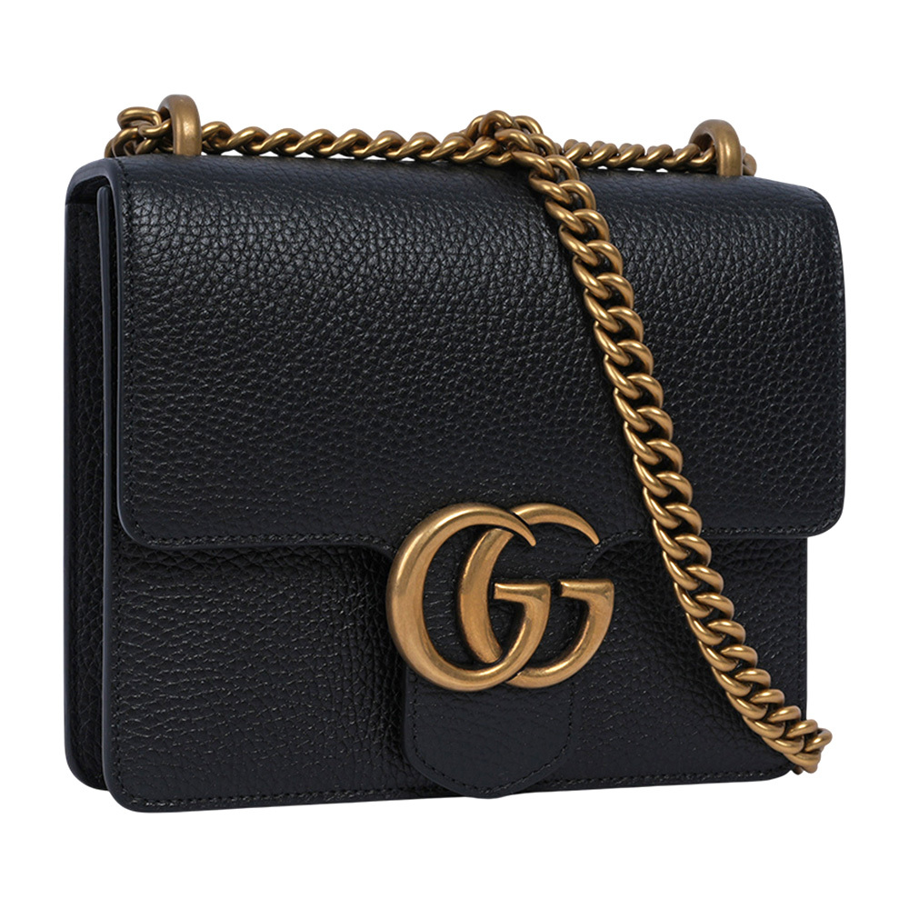 【GUCCI】Marmont 金色標誌粒紋皮革肩背/斜背二用鍊包(黑色)779790 A7M0T 1000