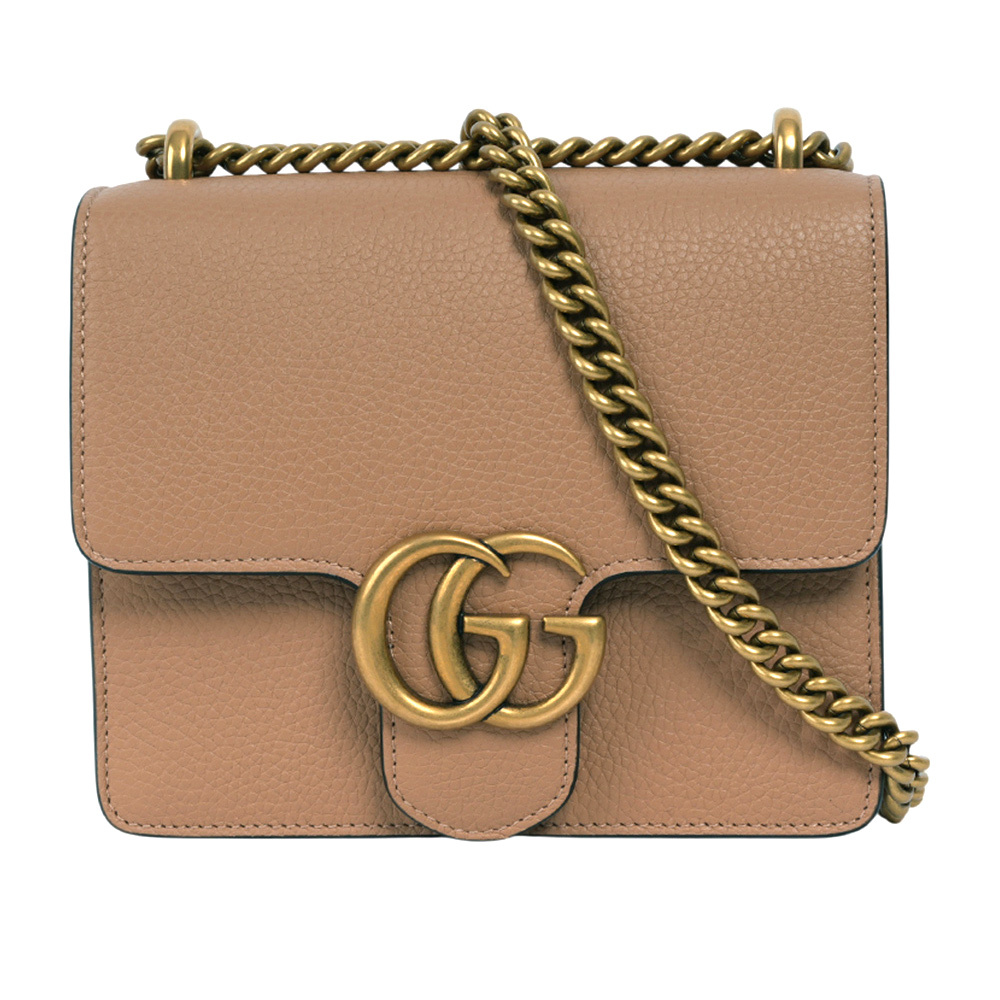 【GUCCI】Marmont 金色標誌粒紋皮革肩背/斜背二用鍊包(裸粉色)779790 A7M0T 2754