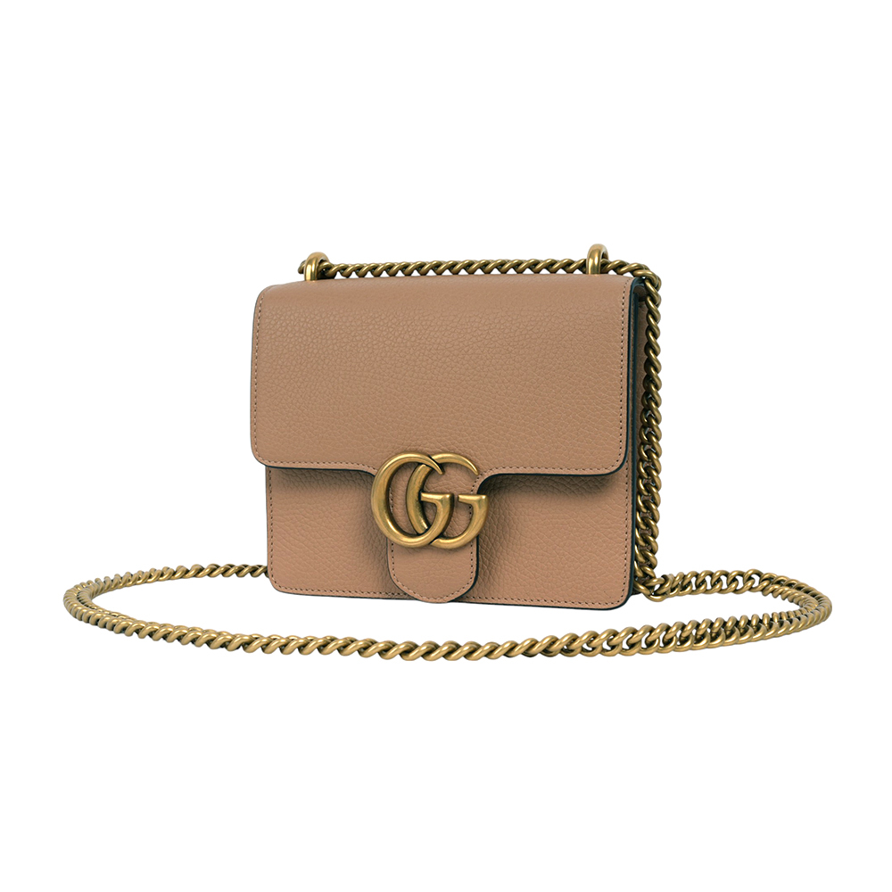 【GUCCI】Marmont 金色標誌粒紋皮革肩背/斜背二用鍊包(裸粉色)779790 A7M0T 2754