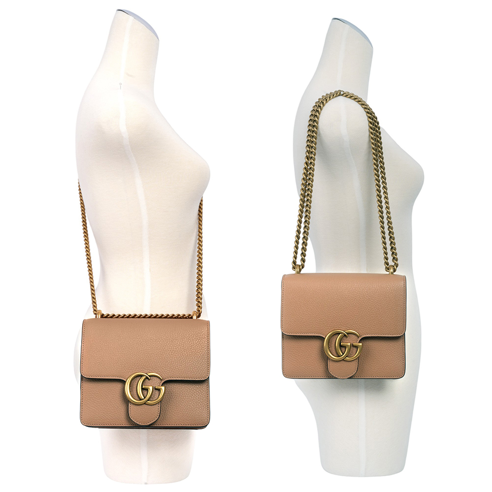 【GUCCI】Marmont 金色標誌粒紋皮革肩背/斜背二用鍊包(裸粉色)779790 A7M0T 2754