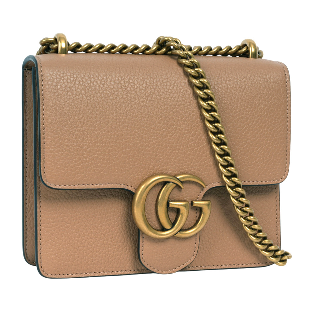 【GUCCI】Marmont 金色標誌粒紋皮革肩背/斜背二用鍊包(裸粉色)779790 A7M0T 2754