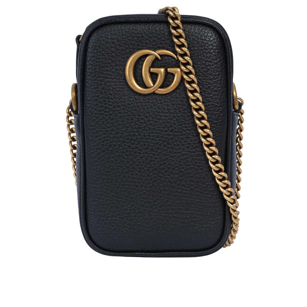 【GUCCI】Marmont 金色粒紋牛皮拉鍊手機包/鍊包
