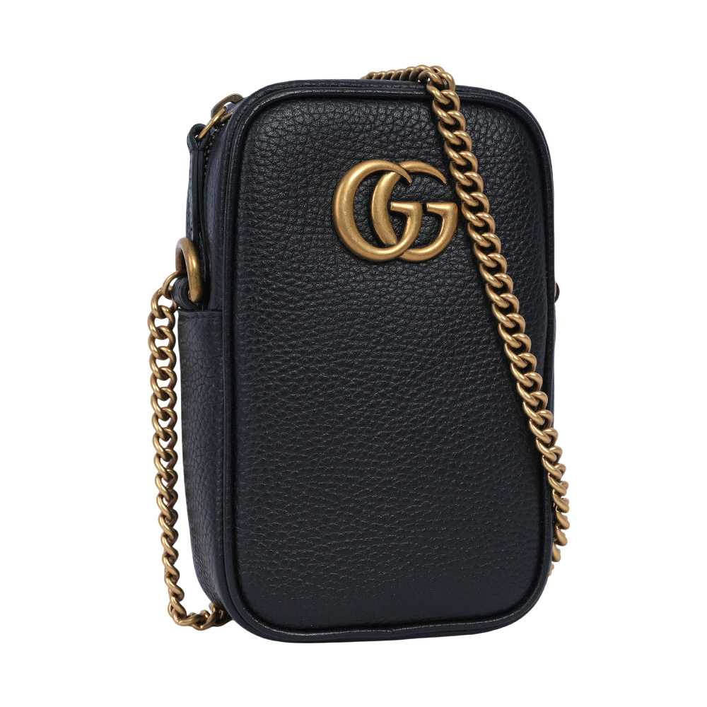 【GUCCI】Marmont 金色粒紋牛皮拉鍊手機包/鍊包