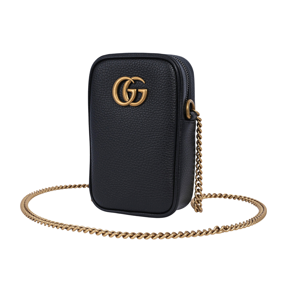 【GUCCI】Marmont 金色粒紋牛皮拉鍊手機包/鍊包(黑色)779806 A7M0T 1000