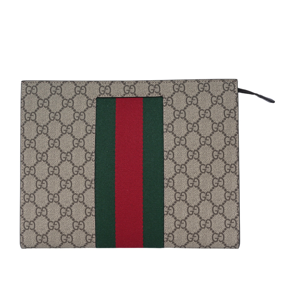 【GUCCI】GG Supreme 塗層帆布綠紅織帶手拿包