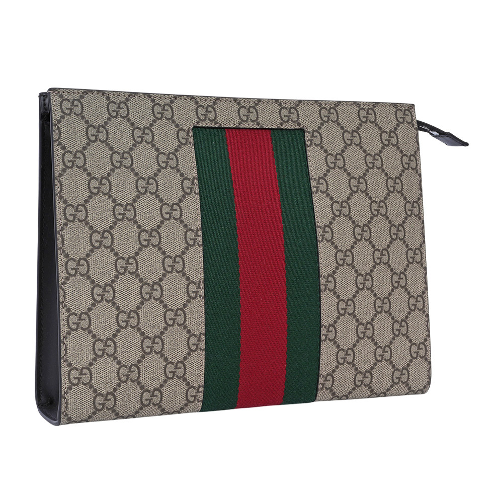 【GUCCI】GG Supreme 塗層帆布綠紅織帶手拿包