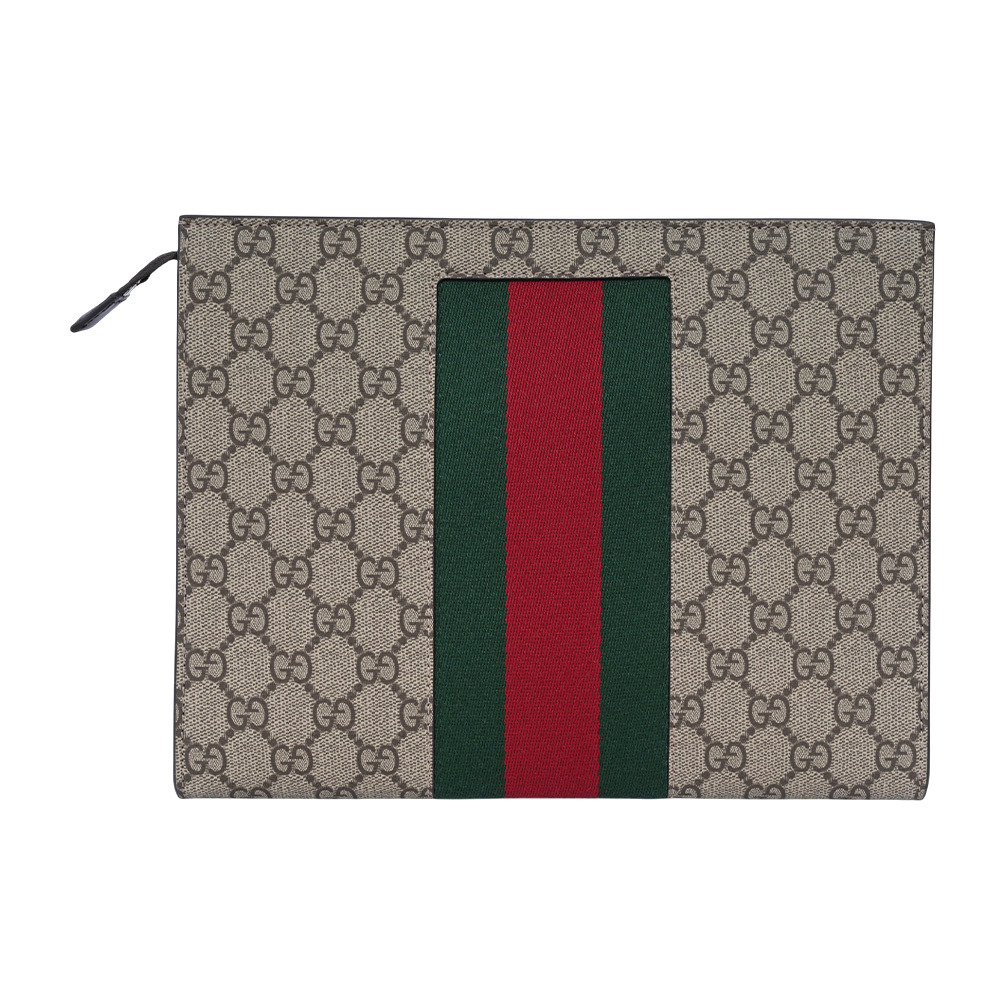 【GUCCI】GG Supreme 塗層帆布綠紅織帶手拿包(米色/烏木色)779882 KHN4N 9791