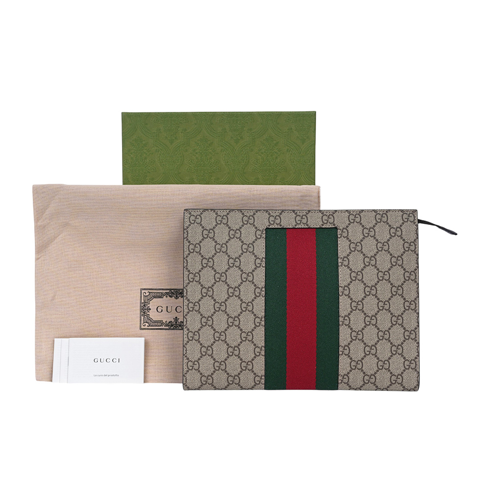 【GUCCI】GG Supreme 塗層帆布綠紅織帶手拿包(米色/烏木色)779882 KHN4N 9791