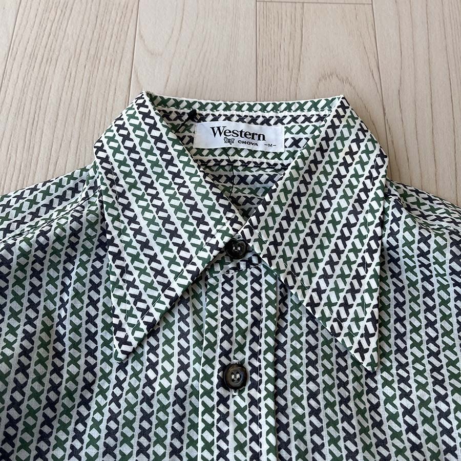 Western藍綠色X字型條紋長袖恤衫