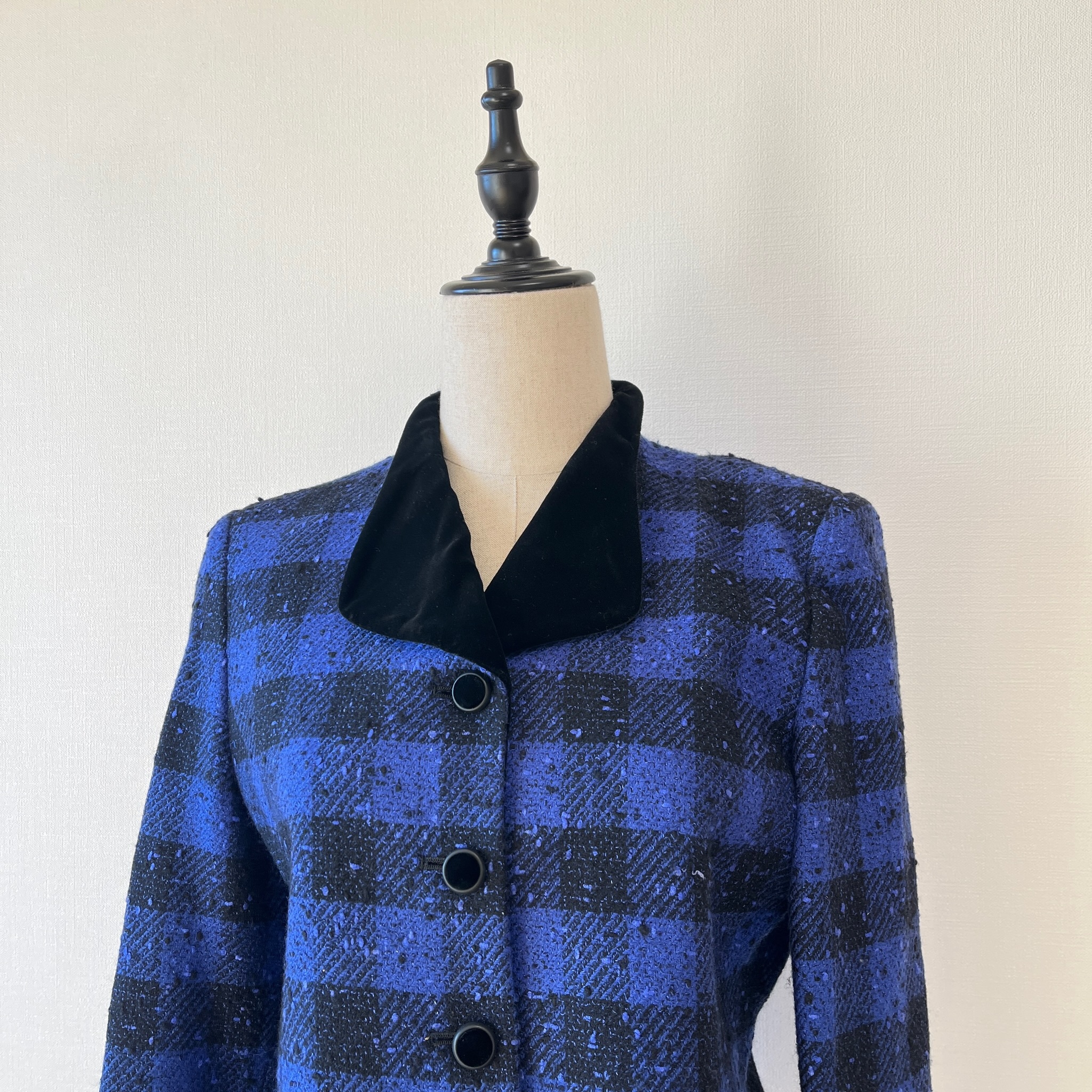 午夜藍色格紋羊毛古著外套