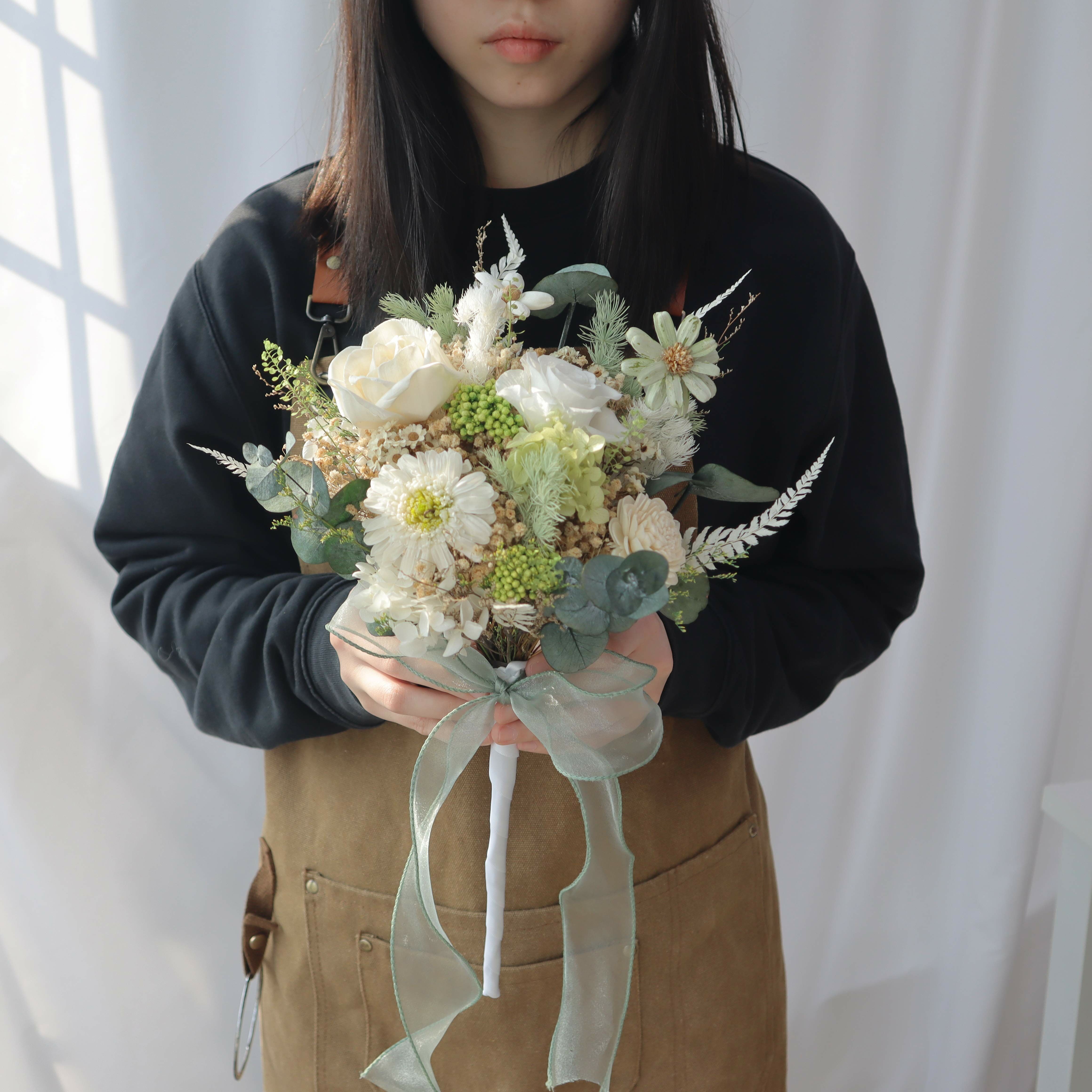 新娘捧花|森林綠捧花26cm|永生花捧花|外拍捧花|韓式捧花|小資捧花|白綠色捧花|捧花|永生捧花