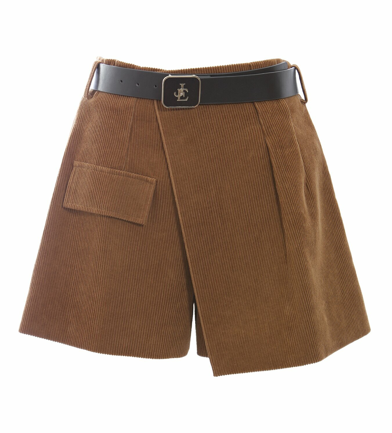 BD15006B1 秋日木紋燈芯絨不對稱裙褲（附皮革腰帶）