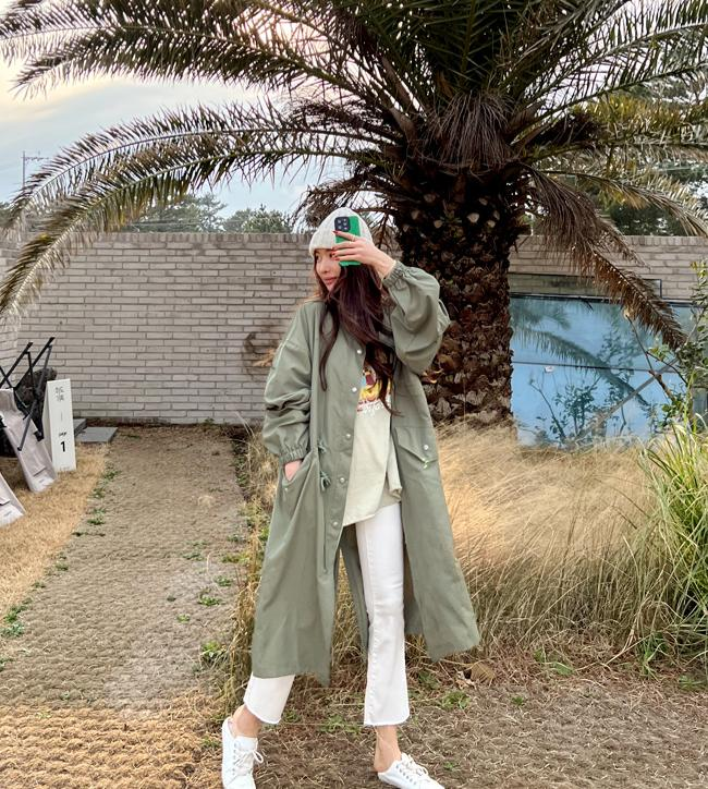 薄身修腰長版風褸(軍綠色)