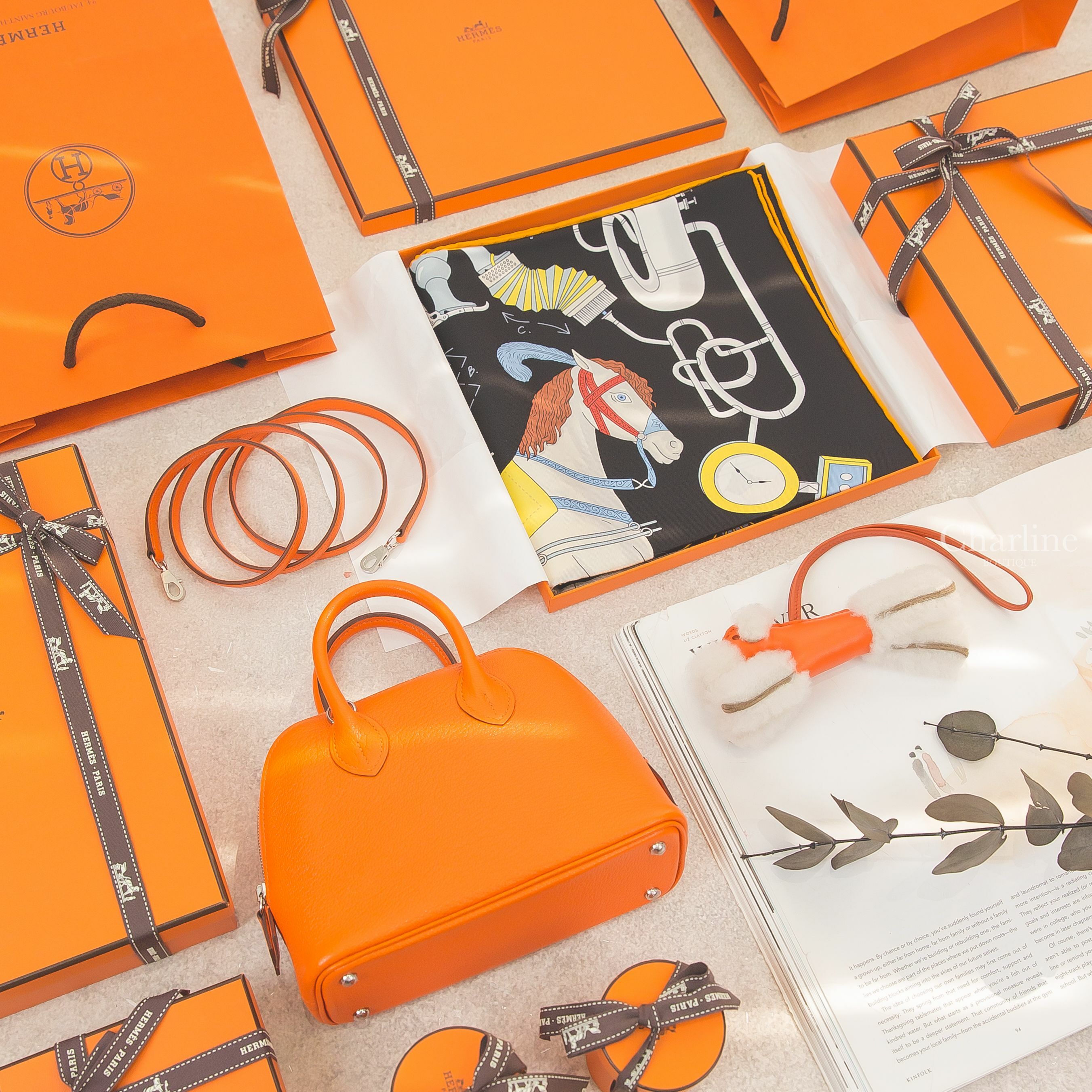 Hermès Bolide Mini 鉛丹橙銀釦,Hermès Budy Charm 褐色/罌粟橘/紅玉髓,Hermès Tea For Two Scarf 90 黑色/紅色/彩色雙人茶會真絲方巾-Charline Boutique 精品代購