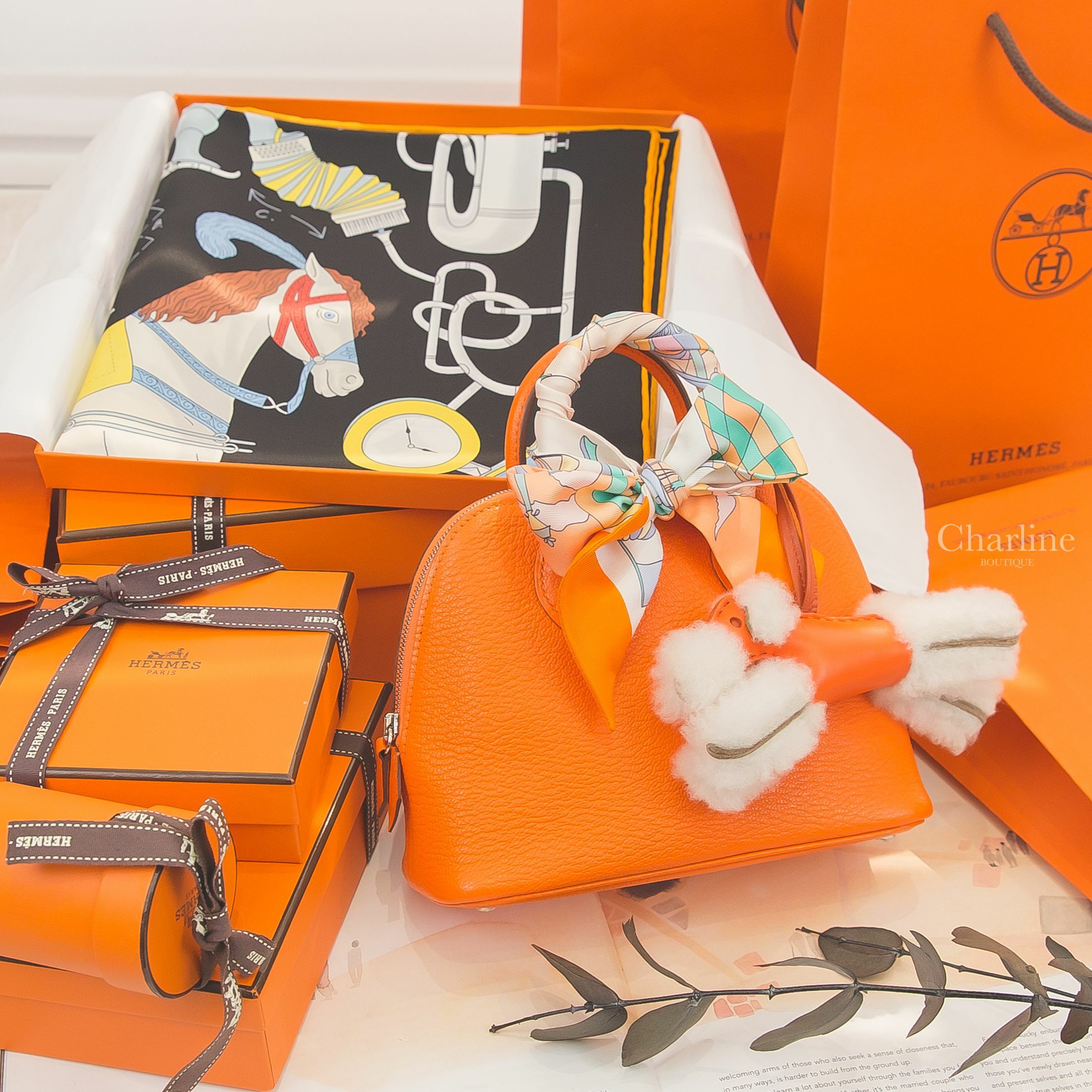 Hermès Bolide Mini 鉛丹橙銀釦,Hermès Budy Charm 褐色/罌粟橘/紅玉髓,Hermès Tea For Two Scarf 90 黑色/紅色/彩色雙人茶會真絲方巾-Charline Boutique 精品代購