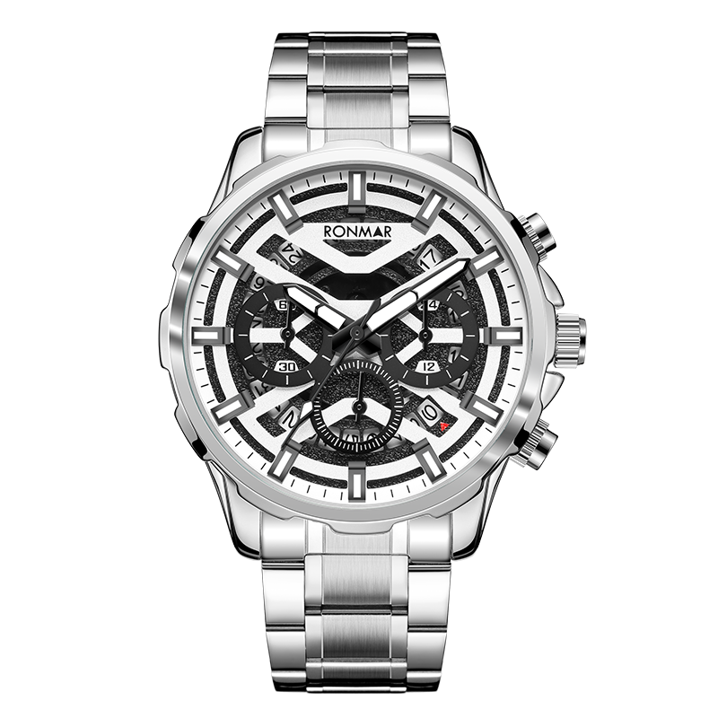 【RONMAR羅馬】疾風系列 RMGL04 三眼 計時 夜光指針刻度 鐳雕錶蓋 日期顯示 不鏽鋼 石英 手錶