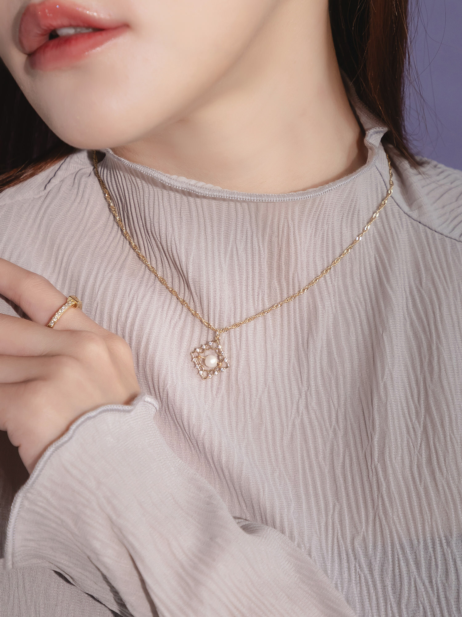 小島晚安。MUCHAT手作14+18KGP鏤空珍珠鋯石項鍊