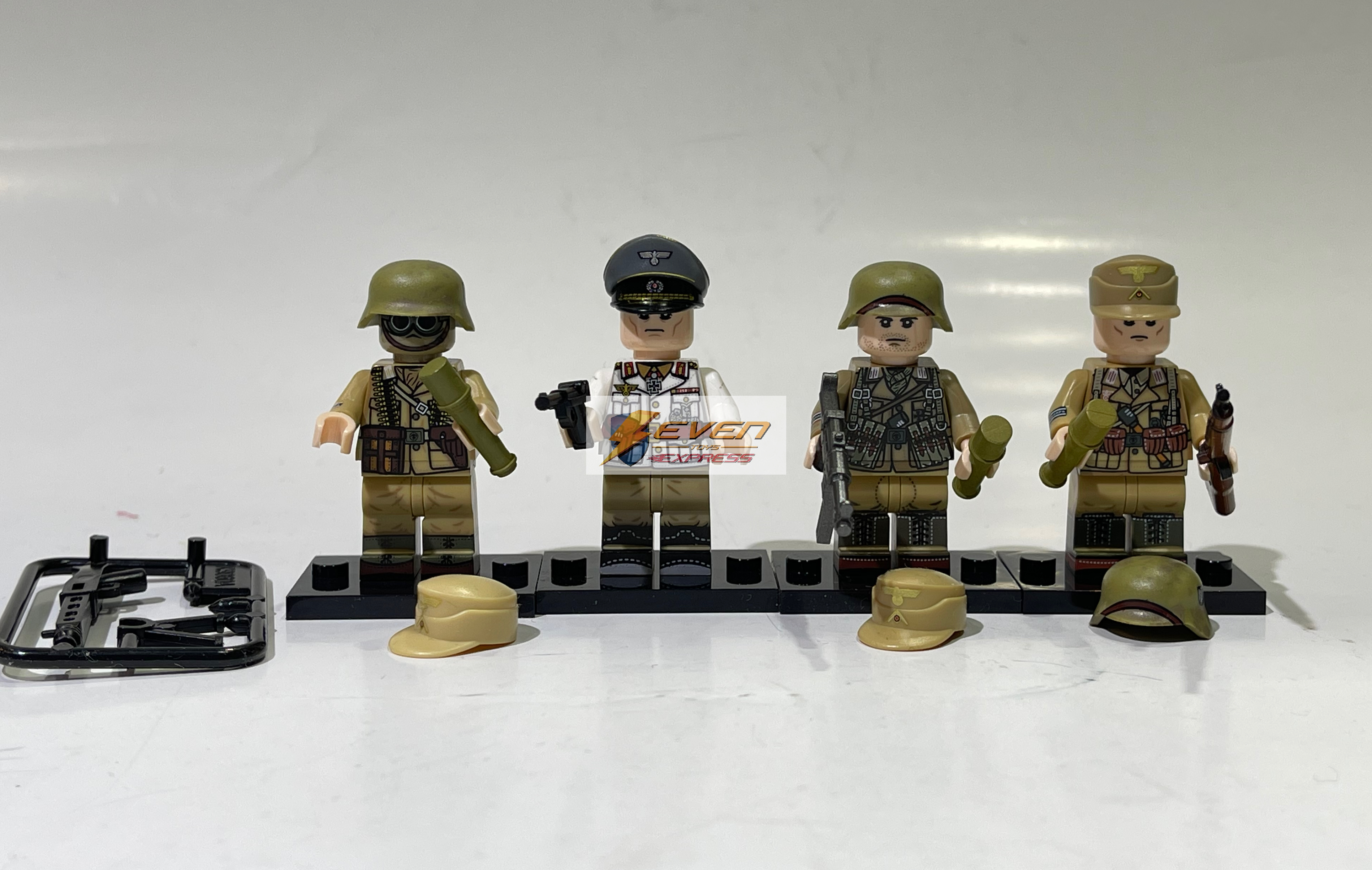 Custom minifig : Set/4 WWII German DAK Soldiers & Ewrin Rommel