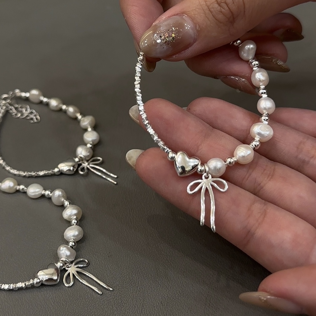 H01碎銀蝴蝶結珍珠純銀手鍊