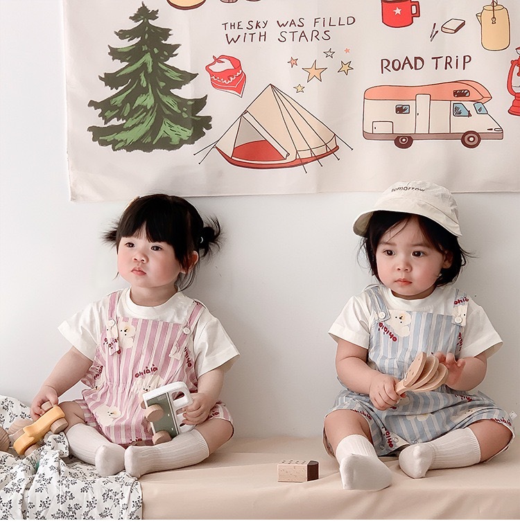 可愛直條狗狗吊帶褲套裝