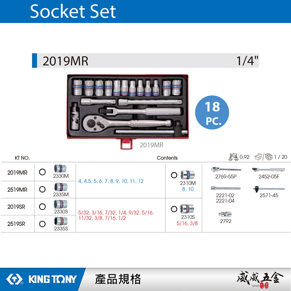 KING TONY 金統立 台灣製｜兩分 18件式 1/4" 十二角套筒 棘輪扳手 2分套筒組｜2019MR