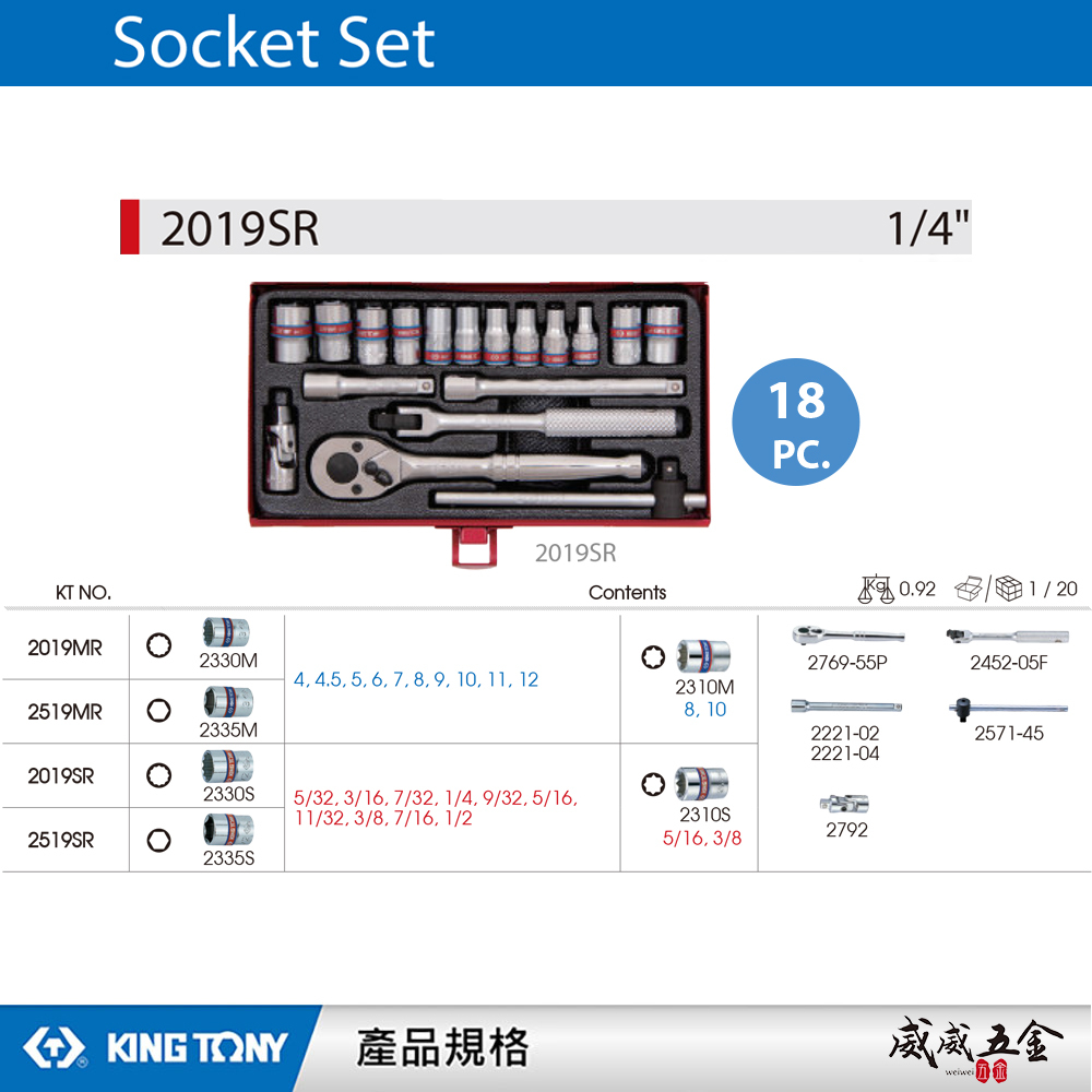 KING TONY 金統立｜兩分 英制 1/4"棘輪板手 十二角套筒扳手組18件式 2分套筒組｜2019SR