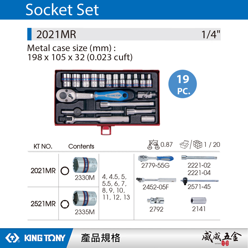KING TONY 金統立｜兩分 19件式 1/4" 十二角套筒扳手組 2分套筒組 棘輪扳手｜2021MR