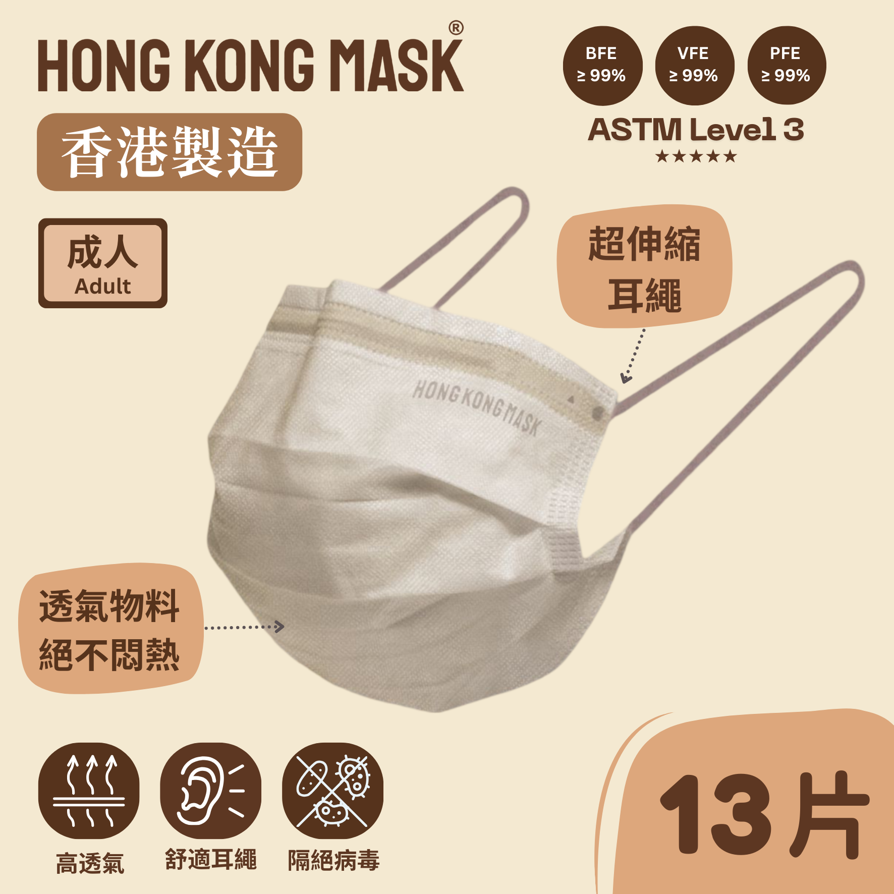 [聖誕別致版] 亞麻米色口罩 + 聖誕主題口罩組合- PFE BFE VFE ≥99 (18片裝) [香港製造拋棄式醫用ASTM L3 平面口罩]