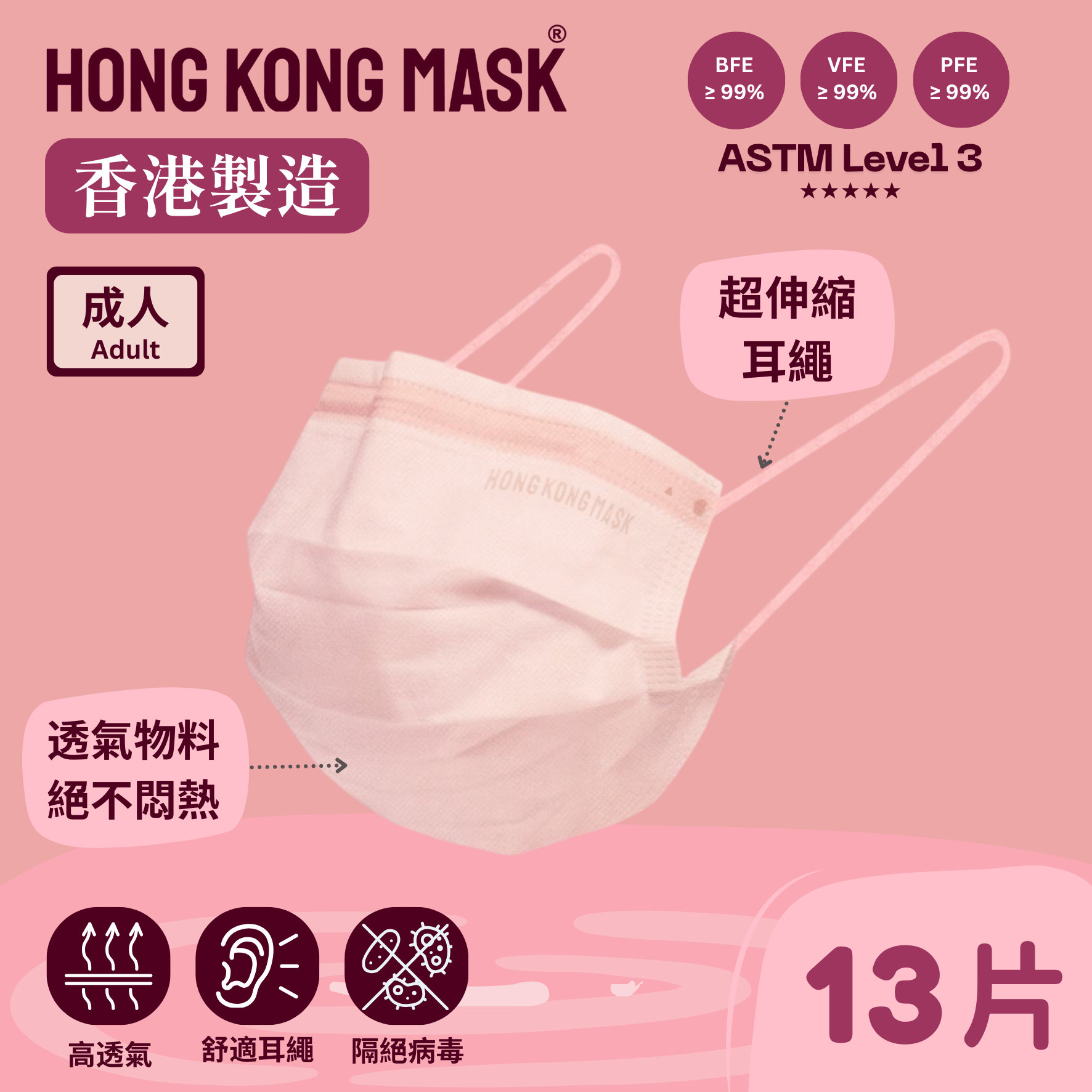 [聖誕別致版] 蝦粉色口罩 + 聖誕主題口罩組合- PFE BFE VFE ≥99 (18片裝) [香港製造拋棄式醫用ASTM L3 平面口罩]