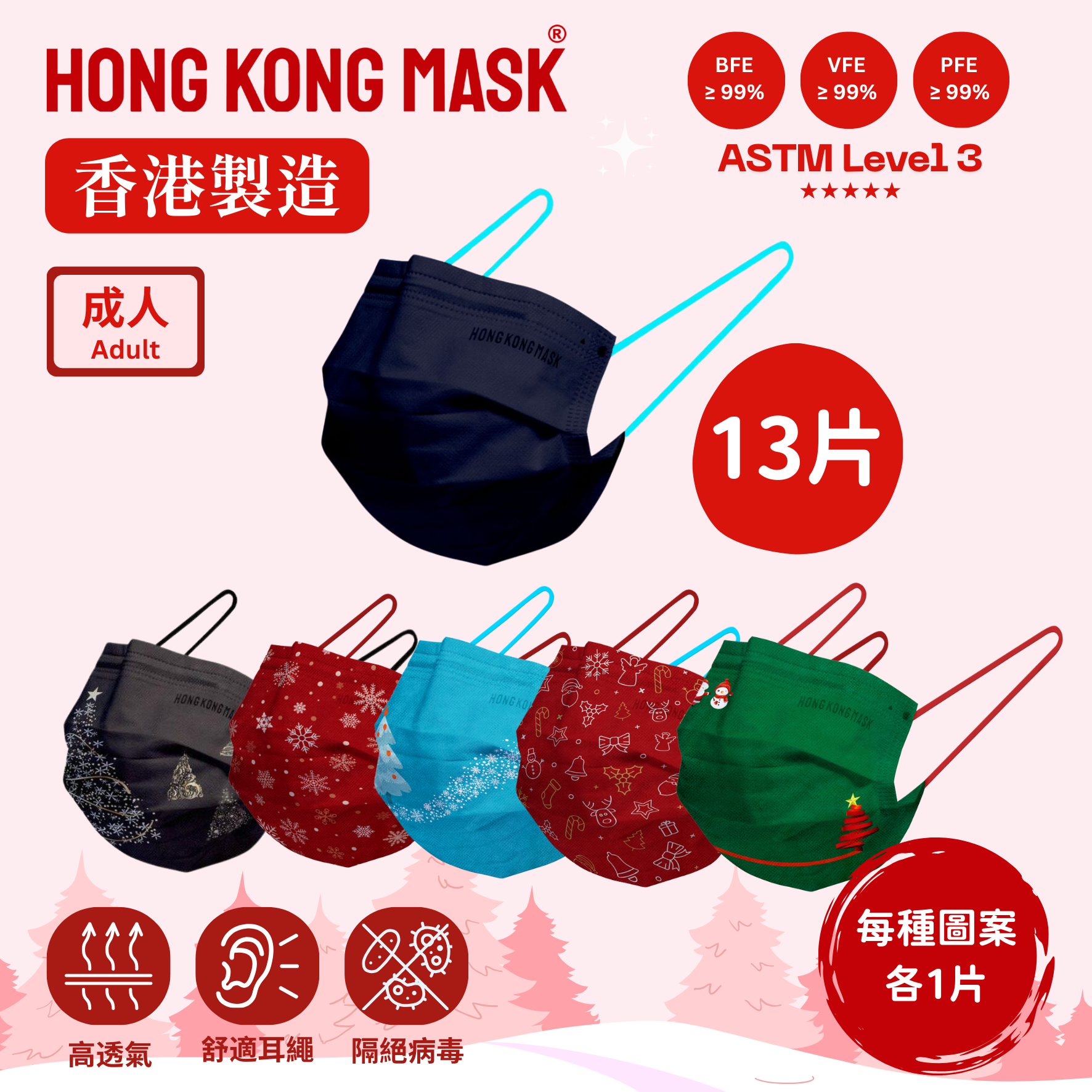[聖誕別致版] 夜色藍口罩 + 聖誕主題口罩組合- PFE BFE VFE ≥99 (18片裝) [香港製造拋棄式醫用ASTM L3 平面口罩]