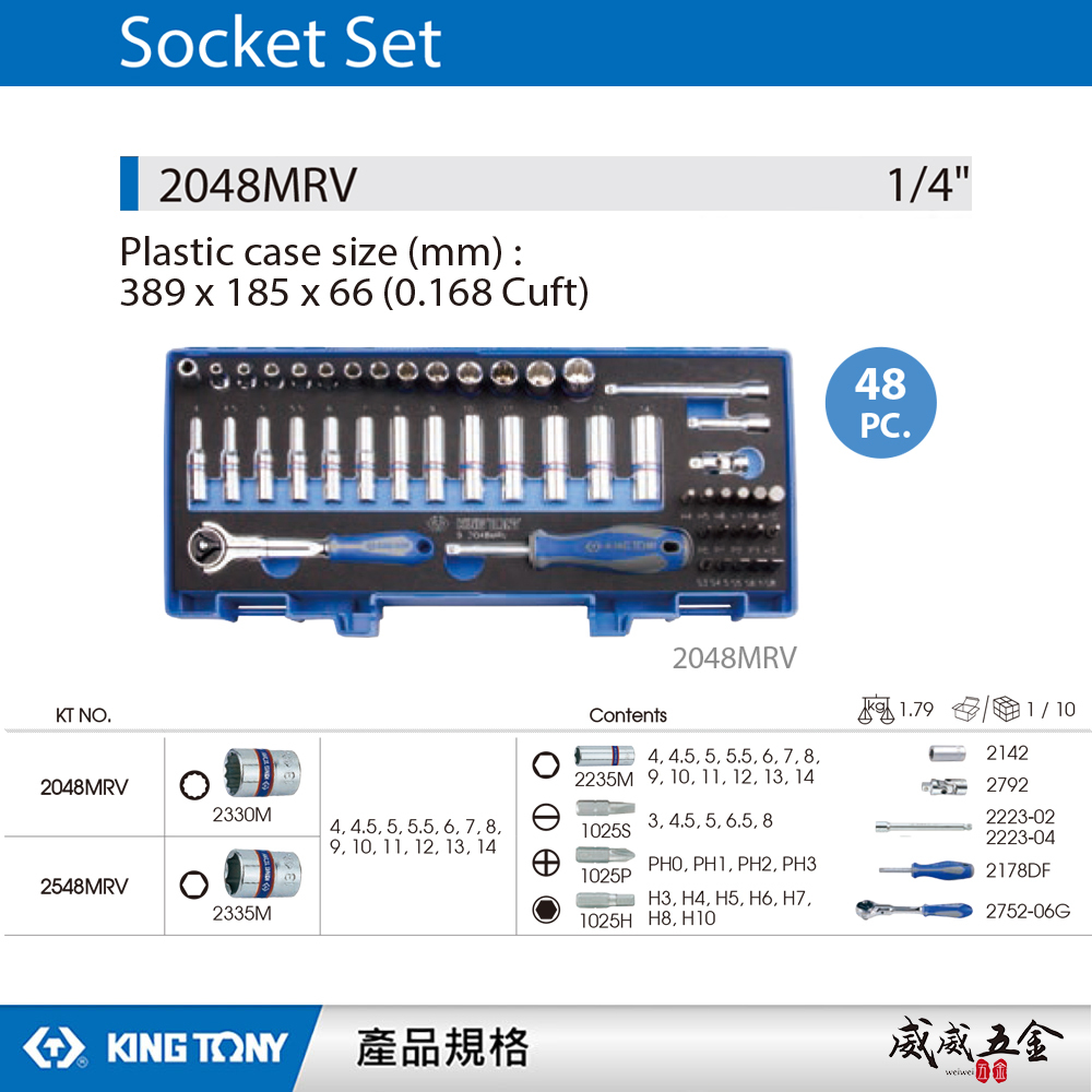 KING TONY 金統立｜兩分手動套筒組 48件式 1/4" 六角套筒扳手組 2分棘輪板手｜2048MRV