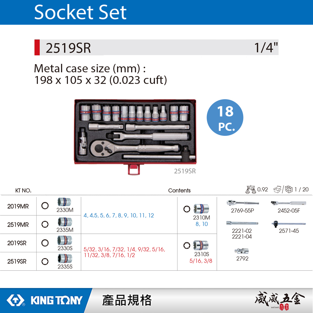 KING TONY 金統立｜兩分 套筒組 18件式 1/4" 六角套筒扳手組 2分棘輪扳手組｜2519SR
