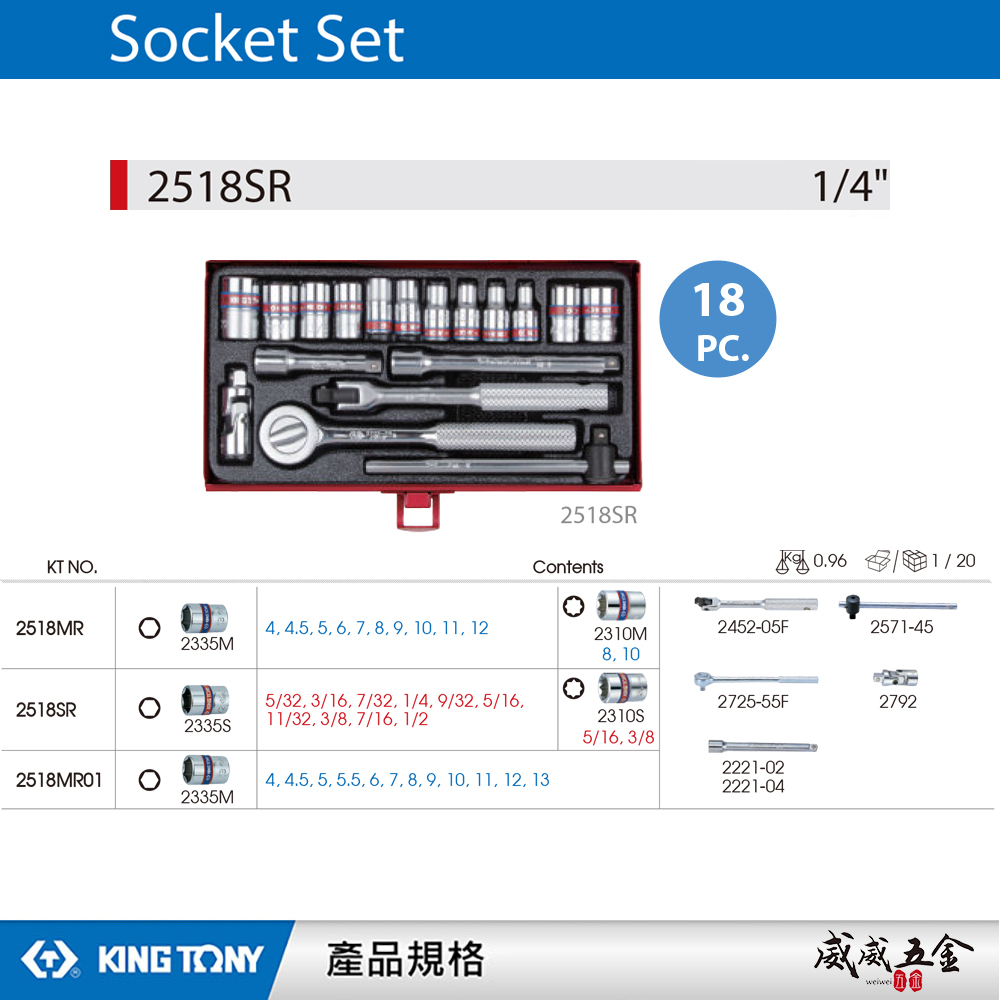 KING TONY 金統立｜兩分 六角標準套筒組 18件式 1/4"套筒扳手組 2分 棘輪板手｜2518SR