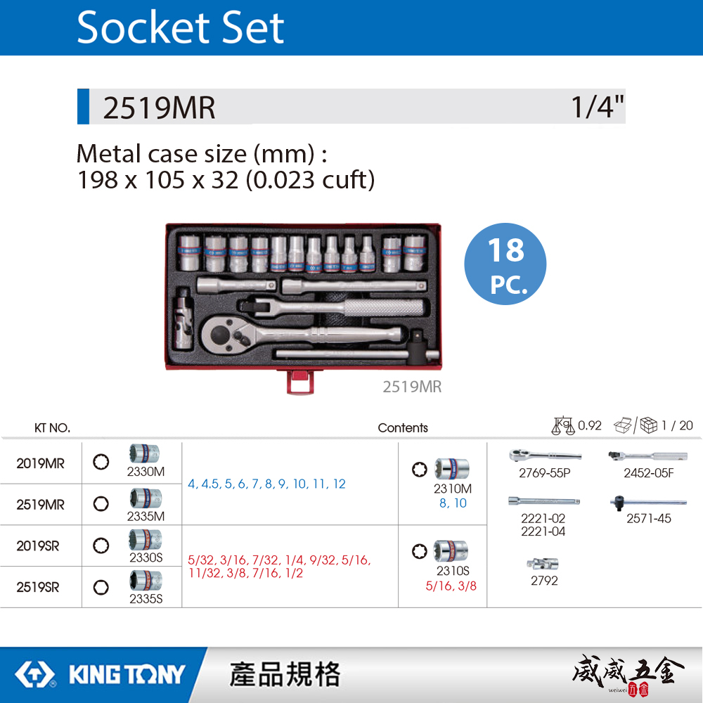 KING TONY 金統立｜2分 標準套筒組 18件式 1/4" 兩分六角套筒扳手組 棘輪板手｜2519MR