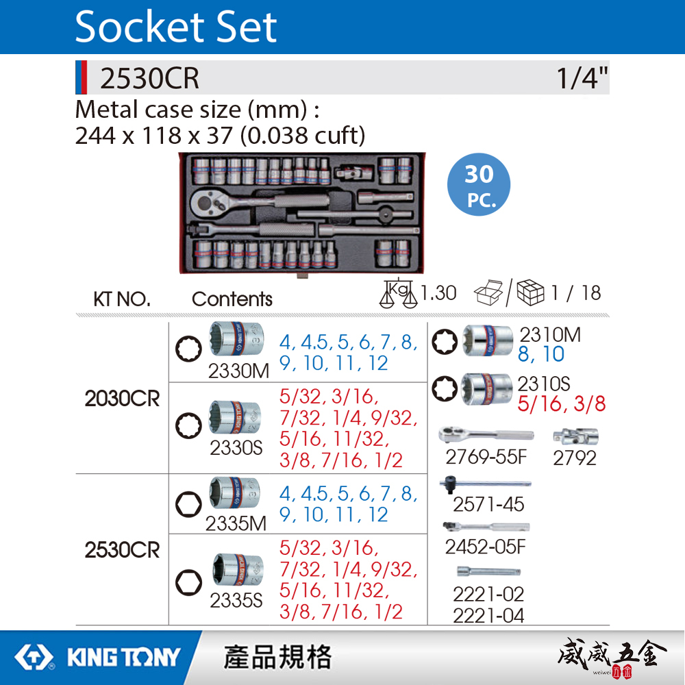 KING TONY 金統立｜兩分 1/4" 30件式 六角套筒扳手組 棘輪扳手 2分手動套筒組｜2530CR