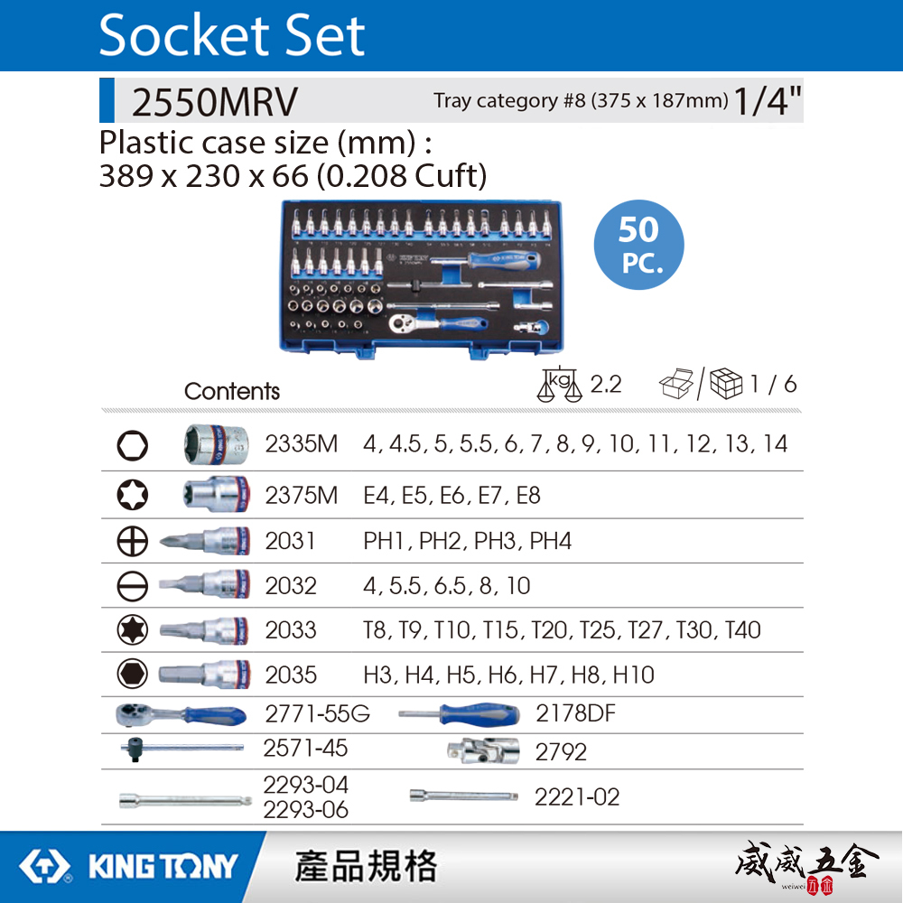 KING TONY 金統立｜兩分套筒組 50件式 1/4" 2分六角套筒扳手組 凸套筒 扳手｜2550MRV