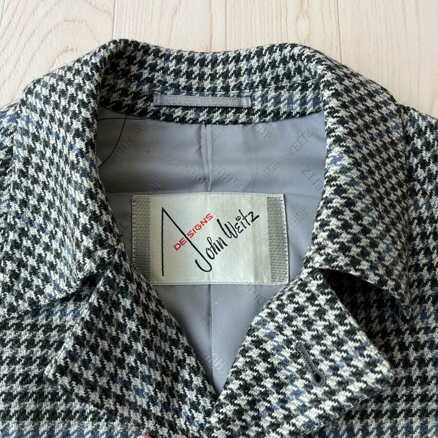 John Weitz黑色配藍色千鳥格紋羊毛長外套