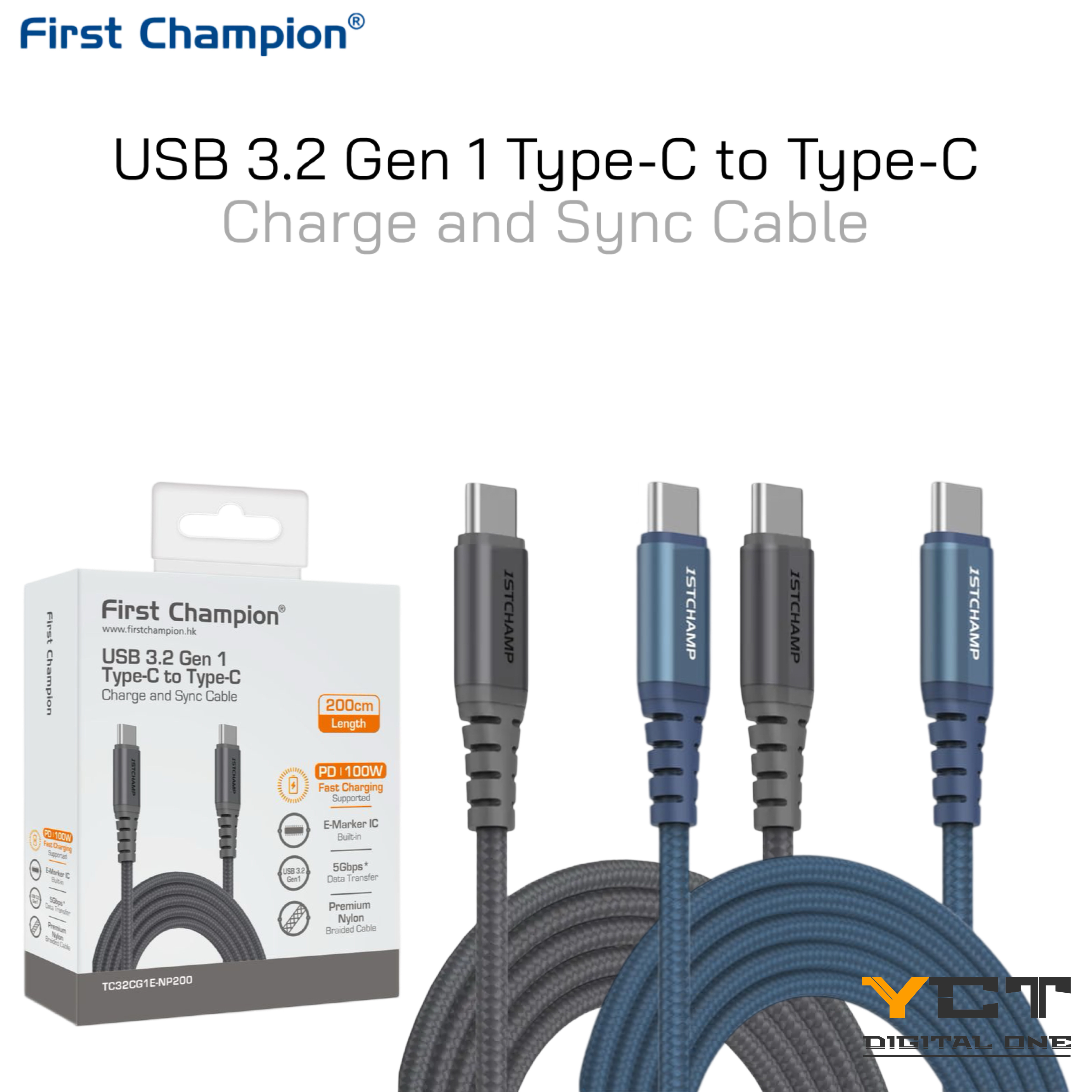First Champion USB 3.2 Gen1 Type-C to Type-C 連接線, 100W, 5Gbps, 200cm, 尼龍編織, TC32CG1E-NP200
